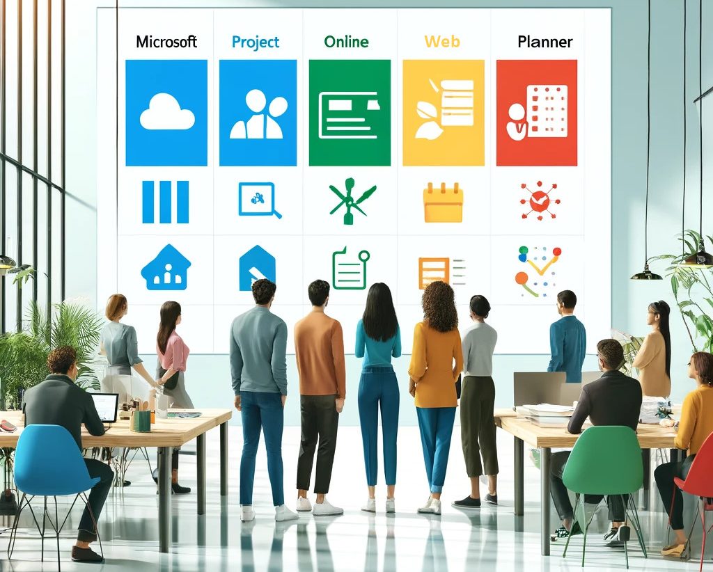 GBMpic_ Eine Gruppe von Fachleuten überprüft in einer modernen Büroumgebung auf einem großen Bildschirm Microsoft-Projektmanagement-Tools.