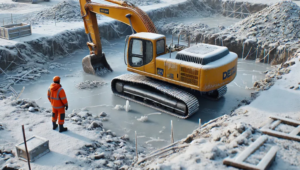 GBMpic_ Eine Person in einem orangefarbenen Schutzanzug steht im Winter neben einem schneebedeckten gelben Bagger auf einer Baustelle.