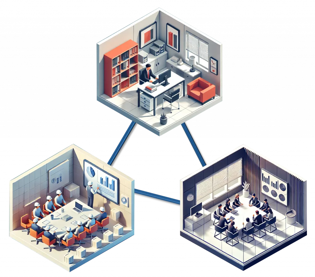 GBMpic_ Drei miteinander verbundene sechseckige Räume: eine Person an einem Schreibtisch in einem Büro, ein Besprechungsraum mit Personen um einen Tisch herum und ein Konferenzraum mit Diagrammen und Personen in einer Diskussion.