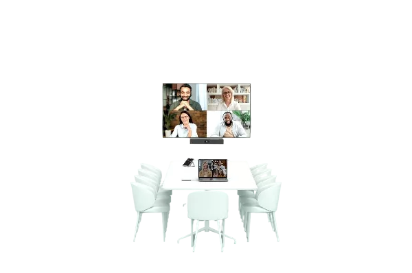 GBMpic_ Ein Konferenzraum mit einem Tisch und Stühlen, zwei Bildschirmen, auf denen ein virtuelles Meeting mit fünf Teilnehmern angezeigt wird, und einem Laptop, auf dem ein weiteres digitales Meeting angezeigt wird.